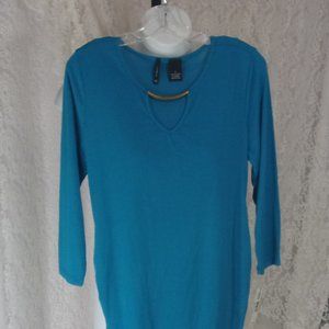 New Direction Teal Blue Top Blouse Gold Metal Bar at Neckline